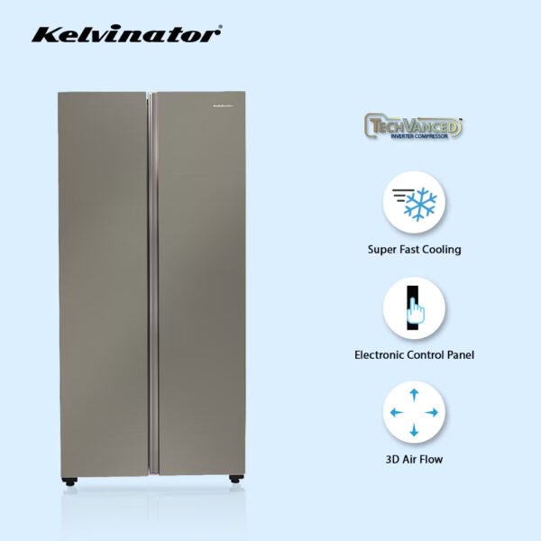Kelvinator 500 litres Side-by-Side Refrigerator, Shiny Silver KRS-B520SSV